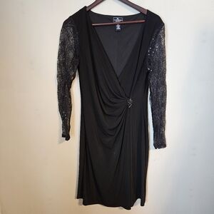 American Living Dress Elegant Black Lace Long Sleeves Sequin V-Neck Faux Wrap